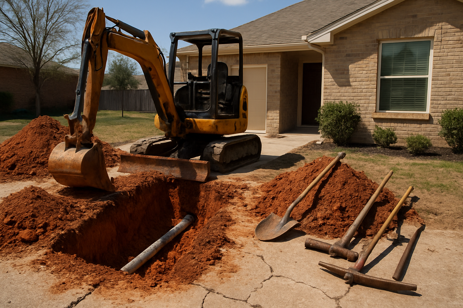 Photorealistic scene of a small excavator digging a deep trench across a cracked concrete driveway beside a Texas home, exposing reddish expansive clay soil and a buried water line, tools and dirt piles under harsh midday sun