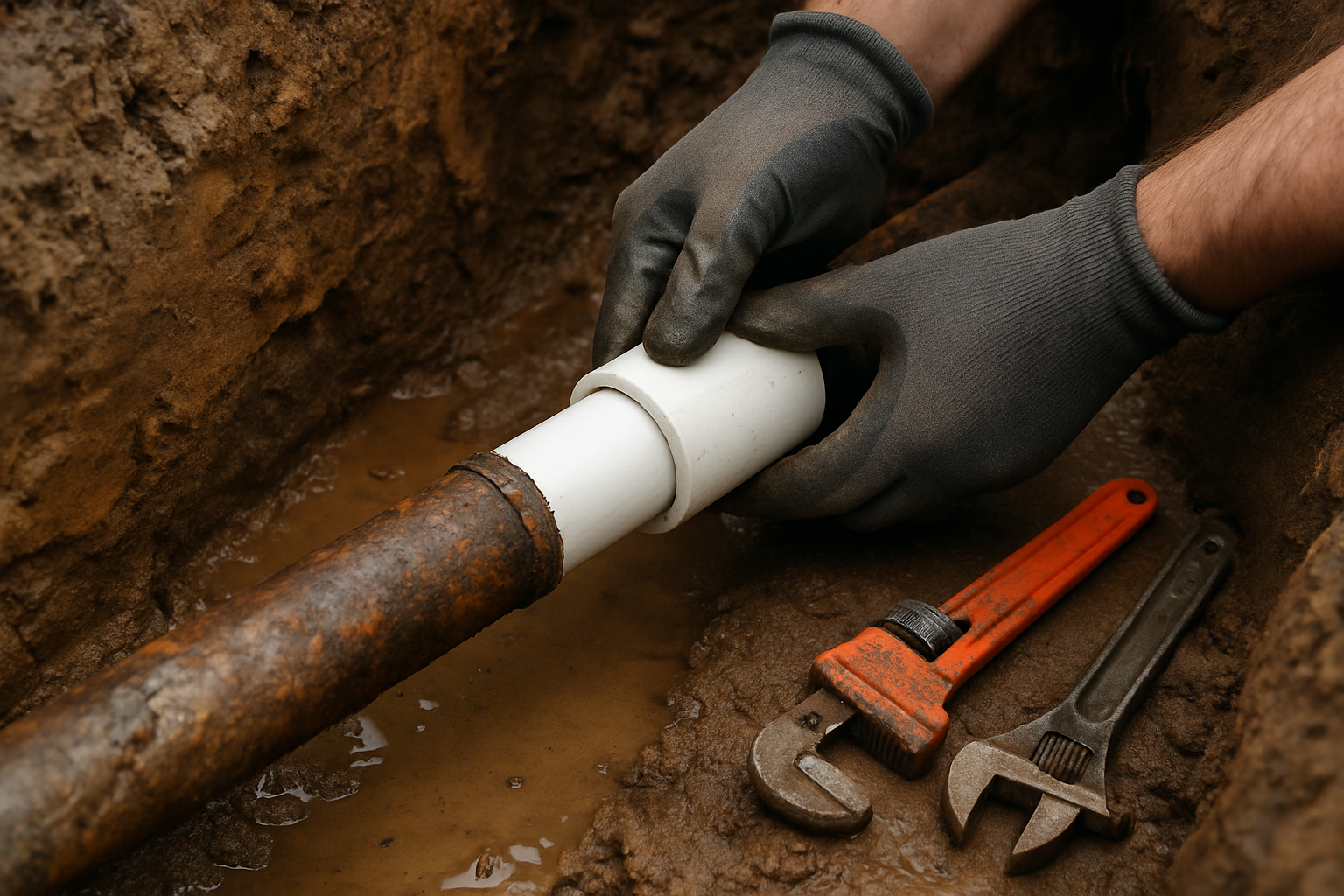 Close-up photorealistic view of a plumber's gloved hands splicing a new white PVC section into a corroded water pipe inside a freshly dug trench, wet clay soil walls and hand tools resting nearby