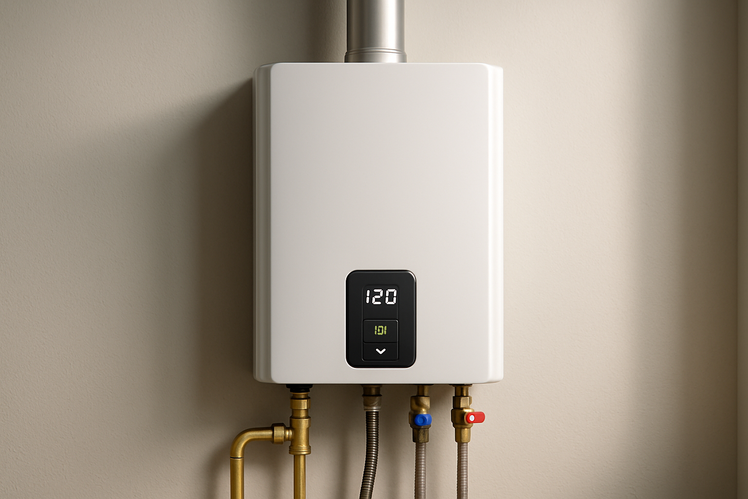 A sleek wall-mounted tankless water heater unit freshly mounted on an interior wall with neat gas and water line connections, soft daylight, photorealistic close-up