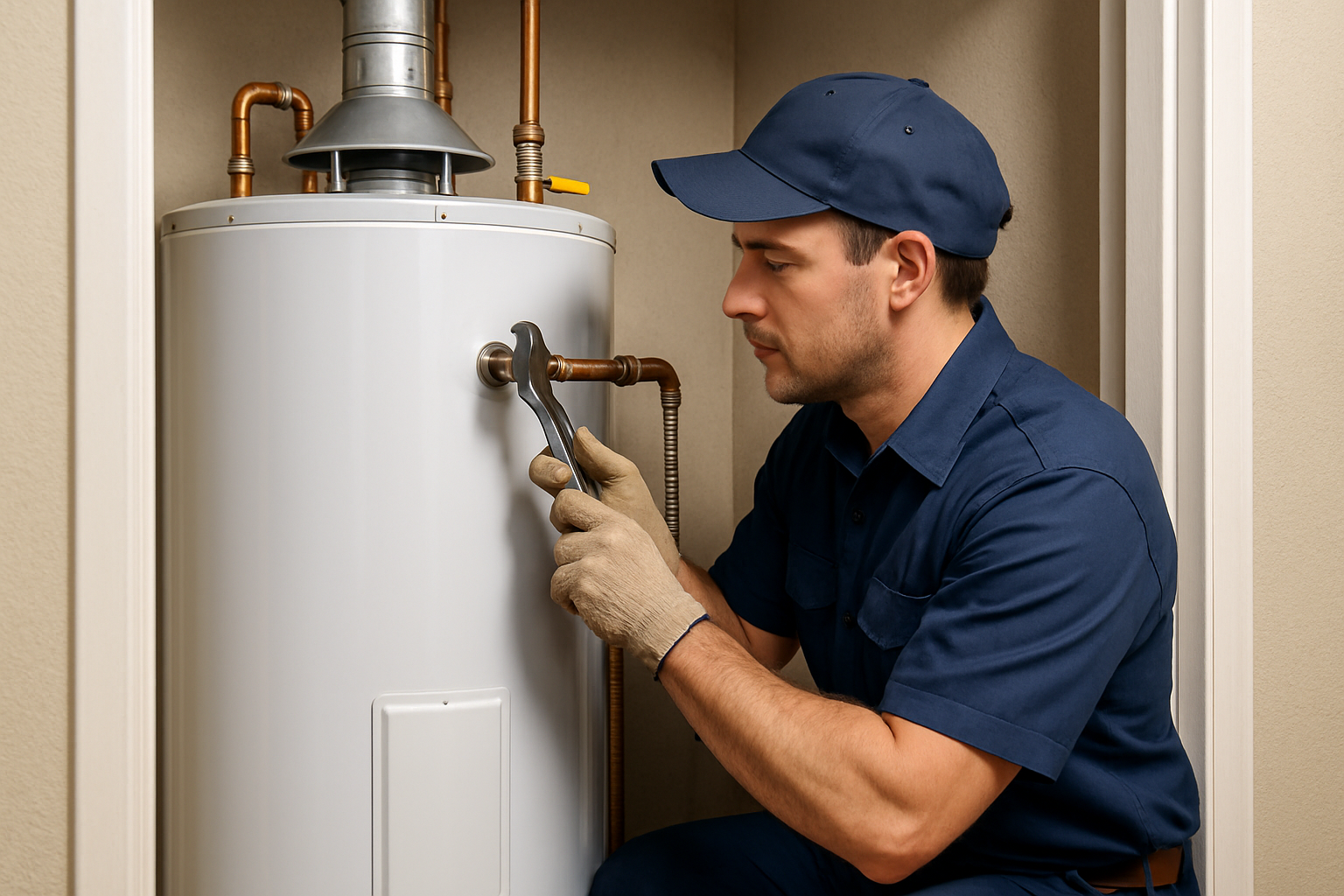 A licensed plumber in uniform installing a gleaming standard tank water heater in a utility closet, connecting pipes with a wrench, photorealistic and detailed