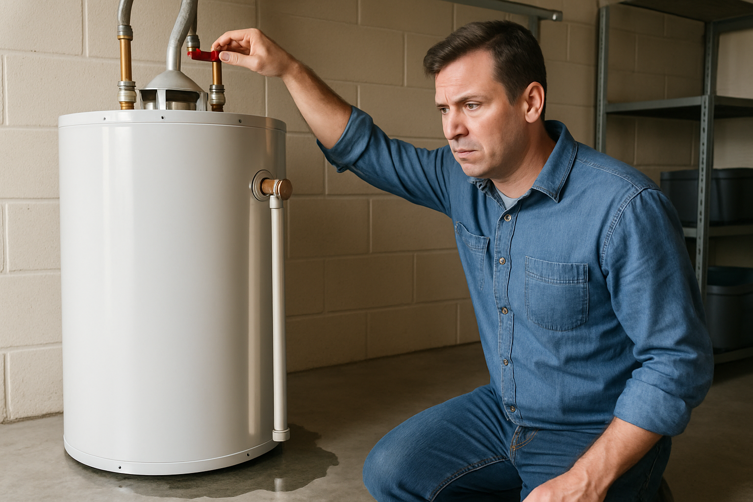A residential water heater in a garage with a small pool of water at its base, a person reaching to shut off the cold-water valve on top, concerned expression, photorealistic