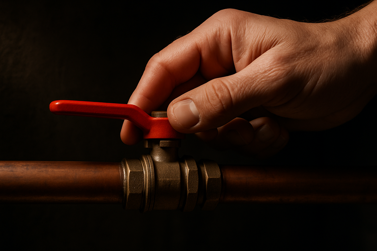 Close-up of a hand gripping a red lever ball valve on a copper water pipe, turning it perpendicular to stop the flow, sharp detail and dramatic lighting, photorealistic